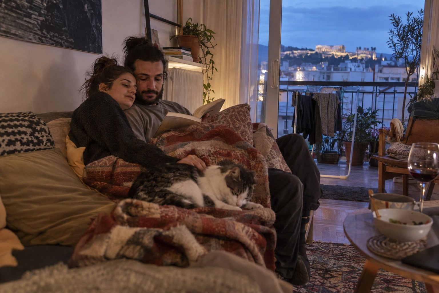 Ζώδια σε κύκλο με τα σύμβολά τους γύρω από ένα ζευγάρι που αγκαλιάζεται, συμβατότητα για μακροχρόνια σχέση.
