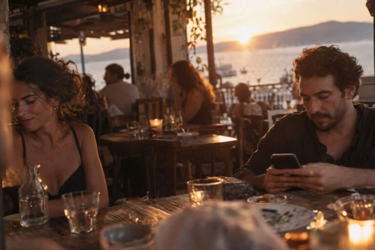 Άντρας κοιτά κινητό με εφαρμογή γνωριμιών, προφίλ και σήματα ασφάλειας ενάντια kittenfishing στην Ελλάδα.