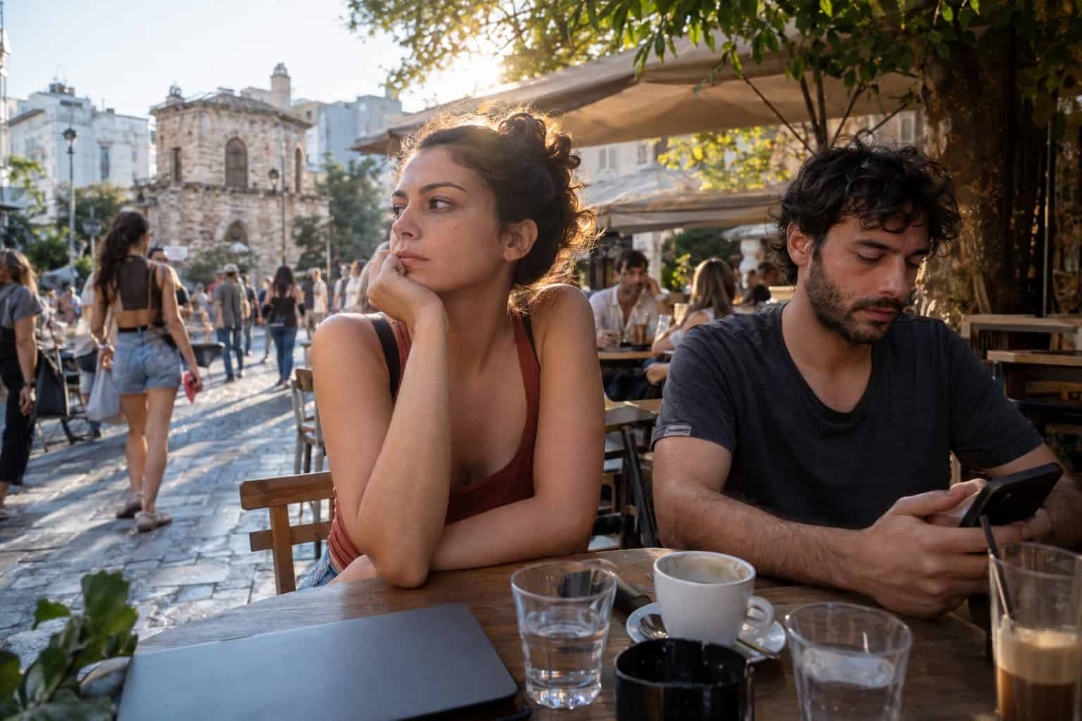 Άτομο κοιτάζει κινητό με ανοιχτή συνομιλία chatbot και εικονίδιο καρδιάς, συζητώντας όρια σχέσεων.