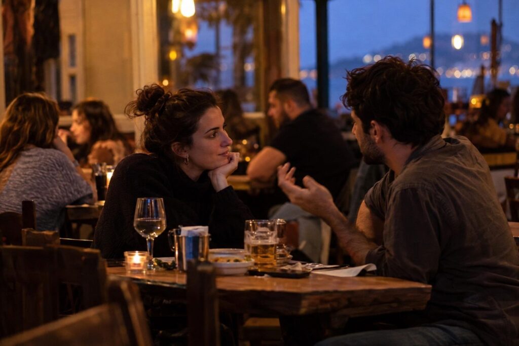 Δύο άτομα σε ήρεμη συζήτηση, με σύμβολο Υδροχόου στον τοίχο πίσω τους, οπτικά συνδέουν τη σχέση με τον Υδροχόο.