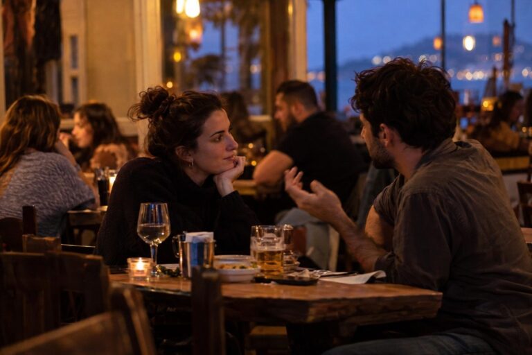 Δύο άτομα σε ήρεμη συζήτηση, με σύμβολο Υδροχόου στον τοίχο πίσω τους, οπτικά συνδέουν τη σχέση με τον Υδροχόο.