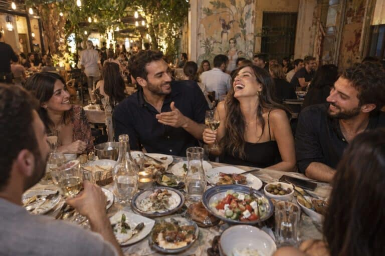 Σε ταβέρνα της Ψυρρή, μακρύ τραπέζι με μεζέδες, φίλοι και γέλια, ο άντρας λέει φλερτάρικη ατάκα και η γυναίκα γελάει.