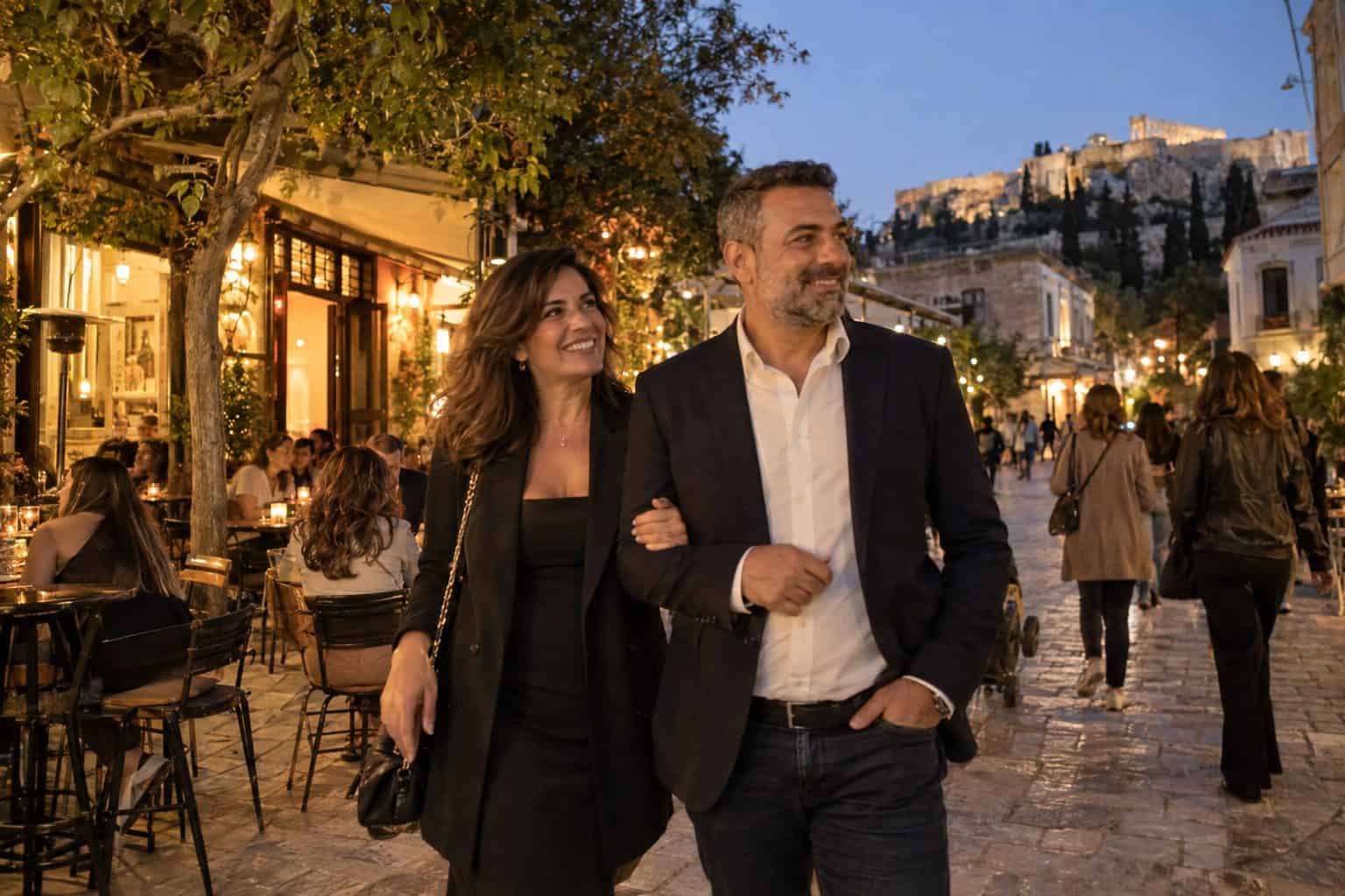 Ζευγάρι μεσήλικων βαδίζει χέρι-χέρι σε πεζόδρομο Θησείου το βράδυ, εξωτερικά τραπεζάκια και φώτα ταβέρνας στην Αθήνα.