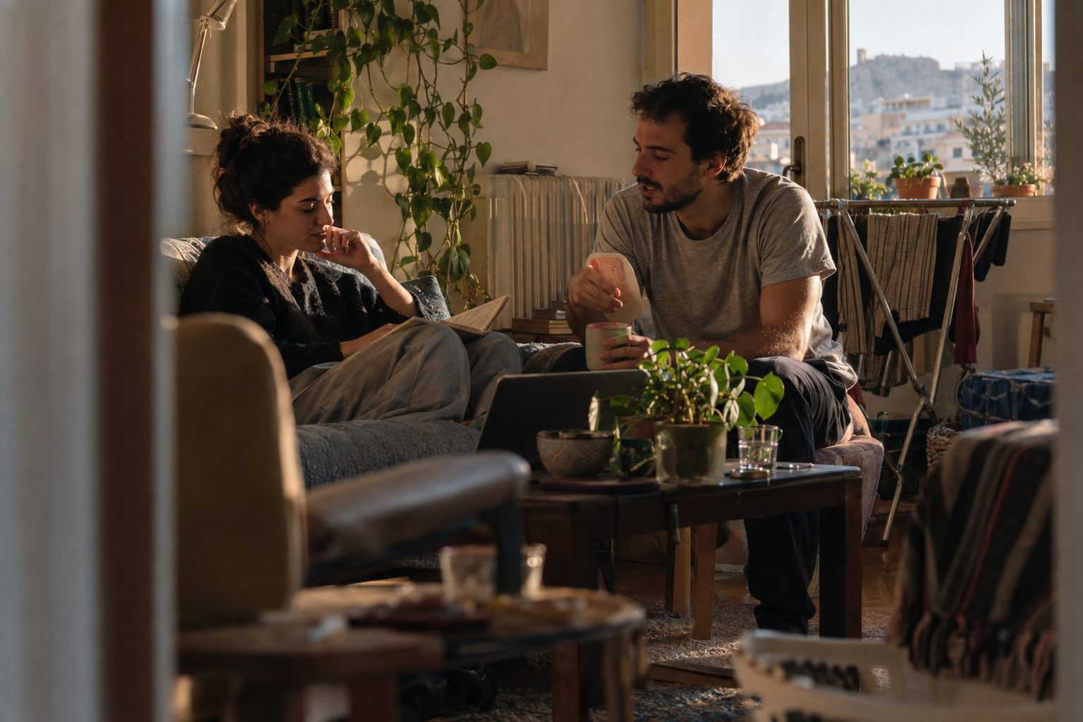Ζευγάρι κάθεται στο τραπέζι με λογαριασμούς και σημειώσεις, συζητώντας όρια και οικονομικά.