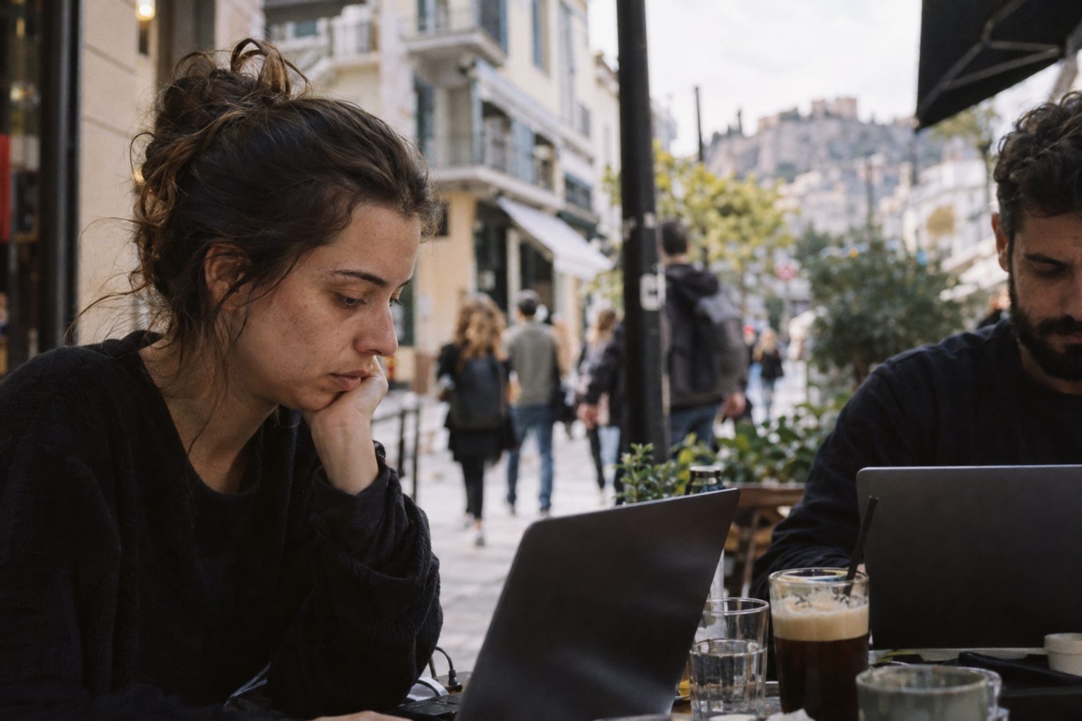 Ζευγάρι εργάζεται από το σπίτι σε τραπέζι με δύο φορητούς υπολογιστές, σημειώσεις και ήσυχη ατμόσφαιρα.