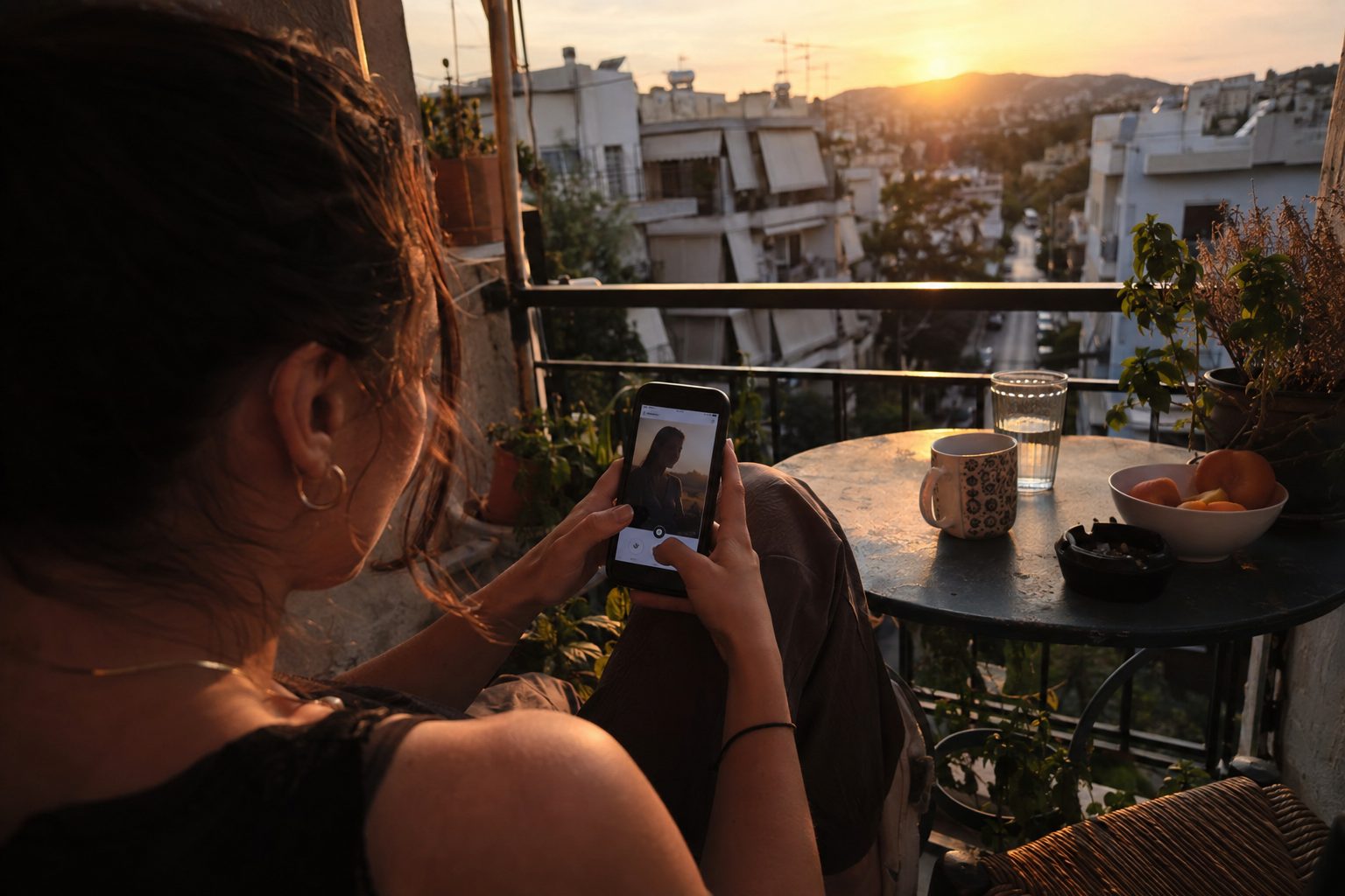Δύο άνθρωποι με κινητά σε καφέ, μήνυμα στην οθόνη για συγκατάθεση, όρια και ιδιωτικότητα στα ραντεβού και στα κοινωνικά μέσα.