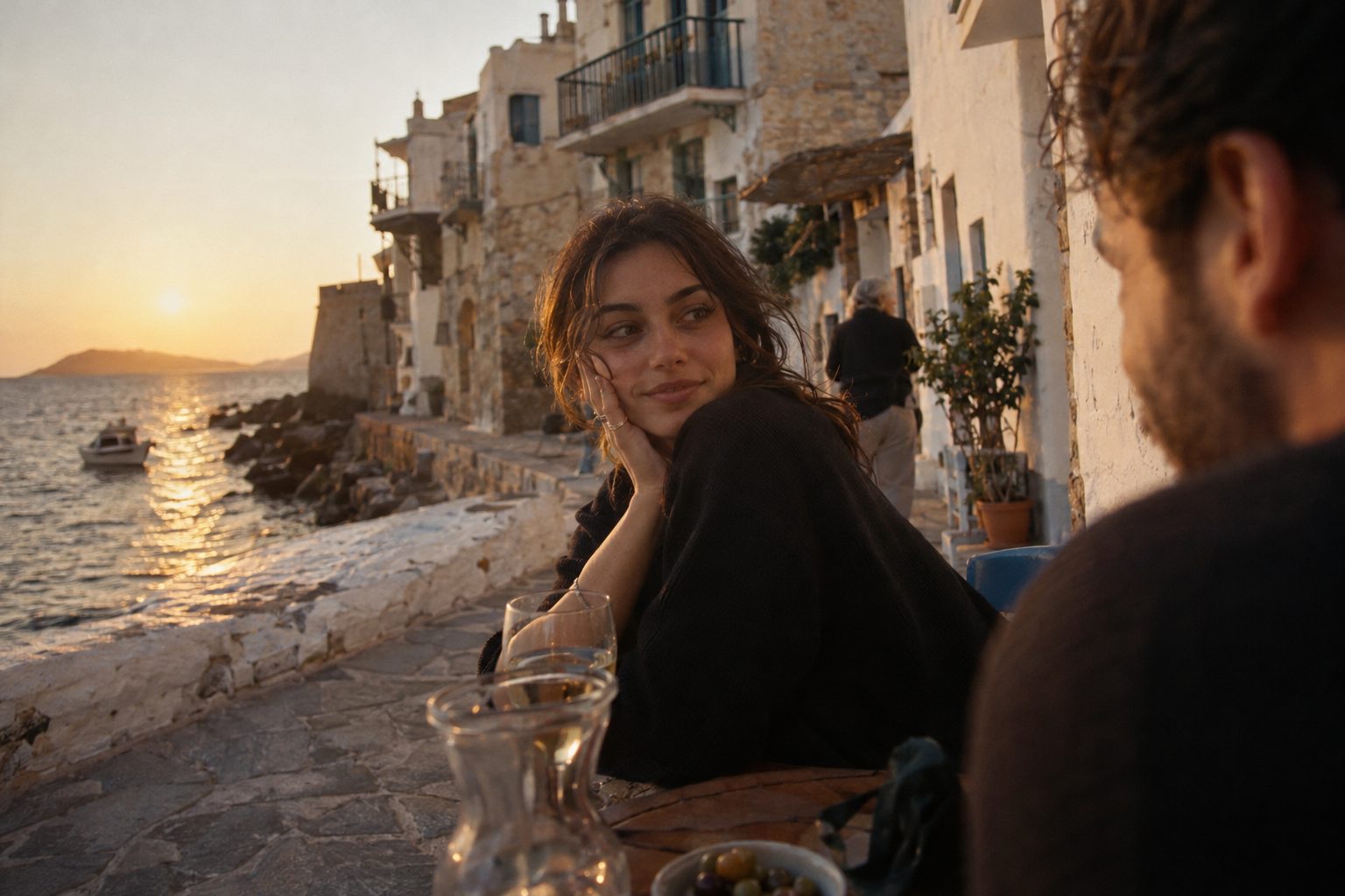 Ζευγάρι σε καφέ χαμογελά και κοιτάζει ο ένας τον άλλον, συνδέοντας το chalance με το φλερτ.