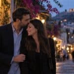 Έλληνας άντρας στα 30 φιλά το μέτωπο γυναίκας σε γειτονιά της Πλάκας, χαμόγελο και φως, με τα είδη φιλιών.
