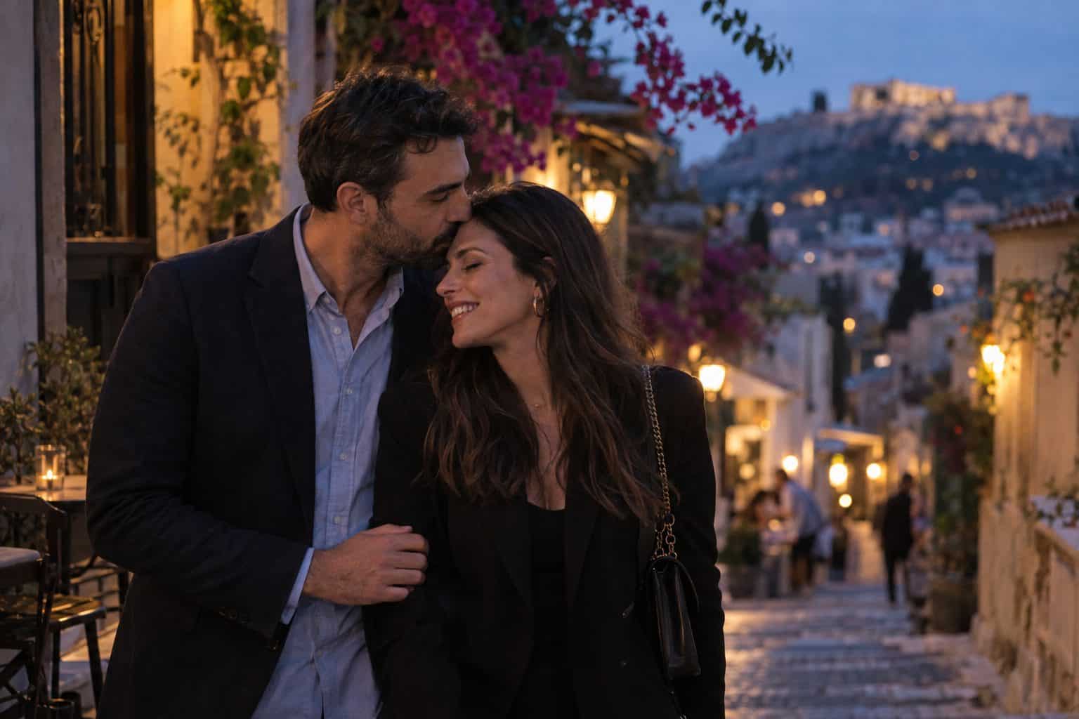 Έλληνας άντρας στα 30 φιλά το μέτωπο γυναίκας σε γειτονιά της Πλάκας, χαμόγελο και φως, με τα είδη φιλιών.