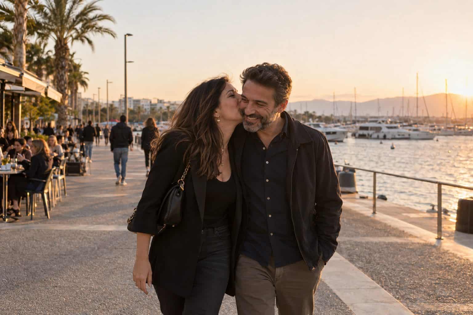 Ζευγάρι περπατά στην προκυμαία του Παλαιού Φαλήρου στο χρυσό φως, η γυναίκα δίνει φιλί στο μάγουλο.