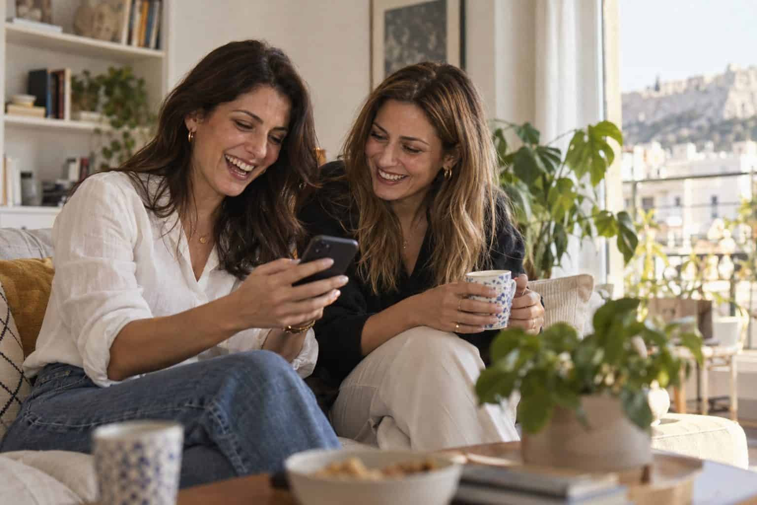 Δύο Ελληνίδες στον καναπέ, Αθήνα, γελούν κοιτώντας το κινητό, ερμηνεύουν μήνυμα με emoji φλερτ.