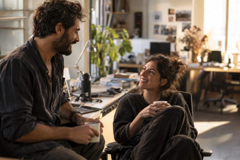 Άτομο σε καφέ, ανοιχτή στάση και χαμόγελο, αντιπροσωπεύει σημάδια συναισθηματικής διαθεσιμότητας για σχέση.