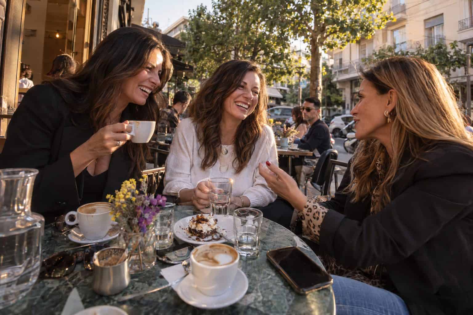 Τρεις Ελληνίδες φίλες σε τραπέζι καφέ στο Παγκράτι, γέλια, καφές και γλυκό, ζεστή, άνετη επικοινωνία χωρίς άγχος.