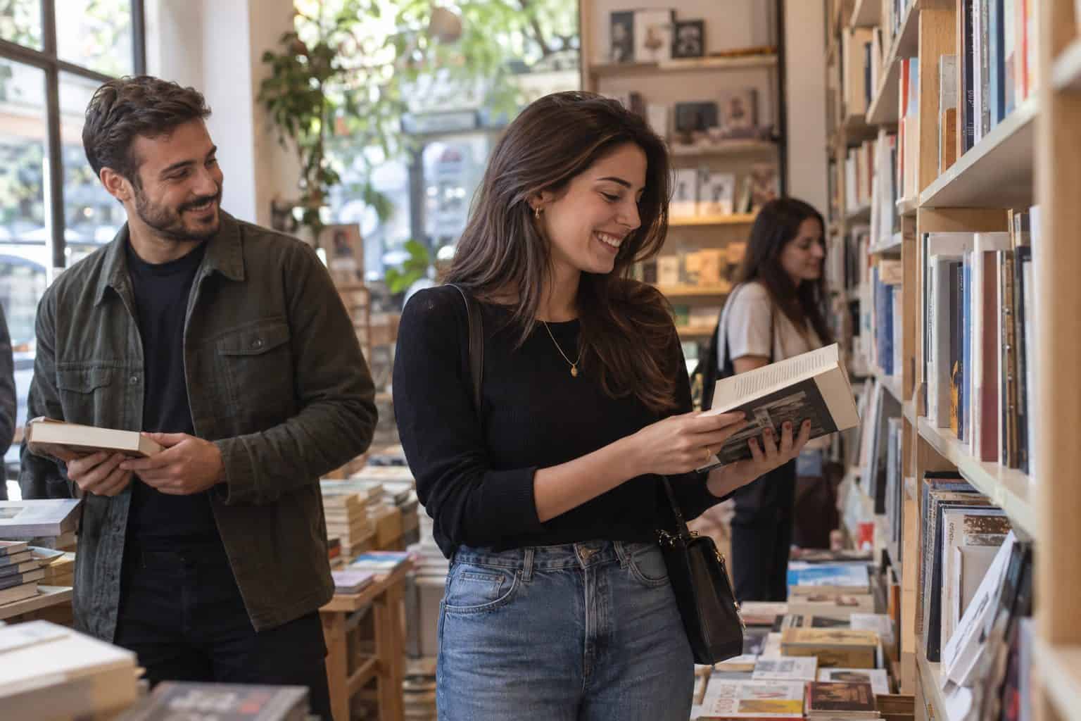 Γυναίκα Ελληνίδα, στα είκοσι εννέα, σε φωτεινό βιβλιοπωλείο Θεσσαλονίκης περιεργάζεται ράφια.