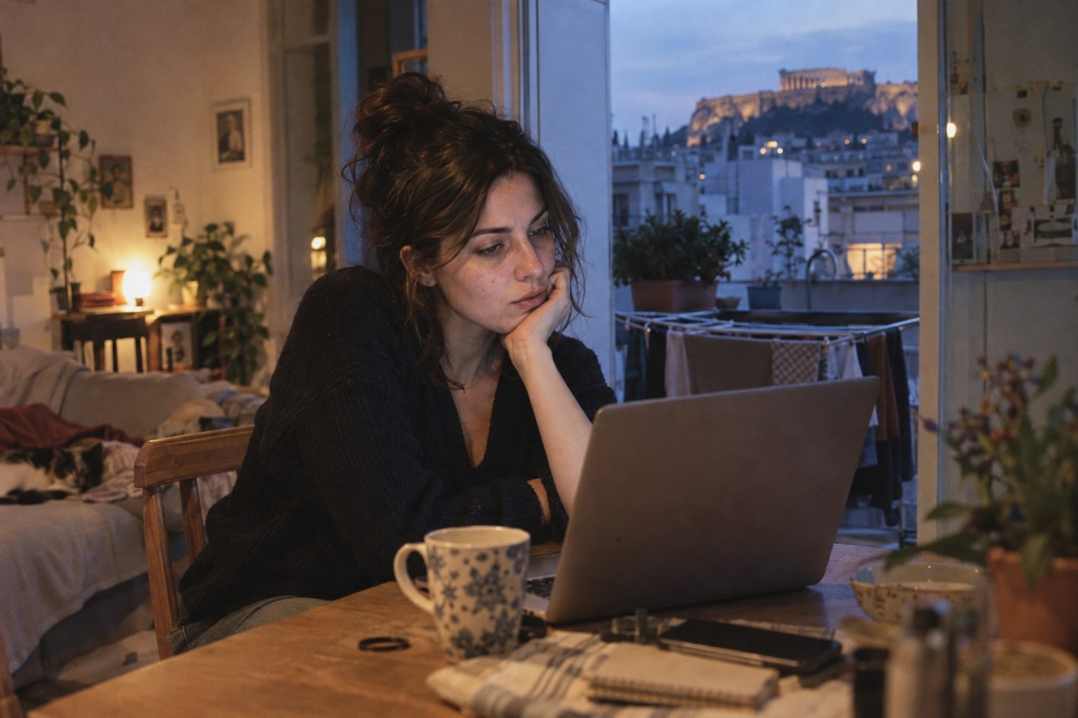 Άνθρωπος χαμογελά σε φωτεινό χώρο, κρατάει κινητό δίπλα σε laptop, αφορά προφίλ LinkedIn και dating.
