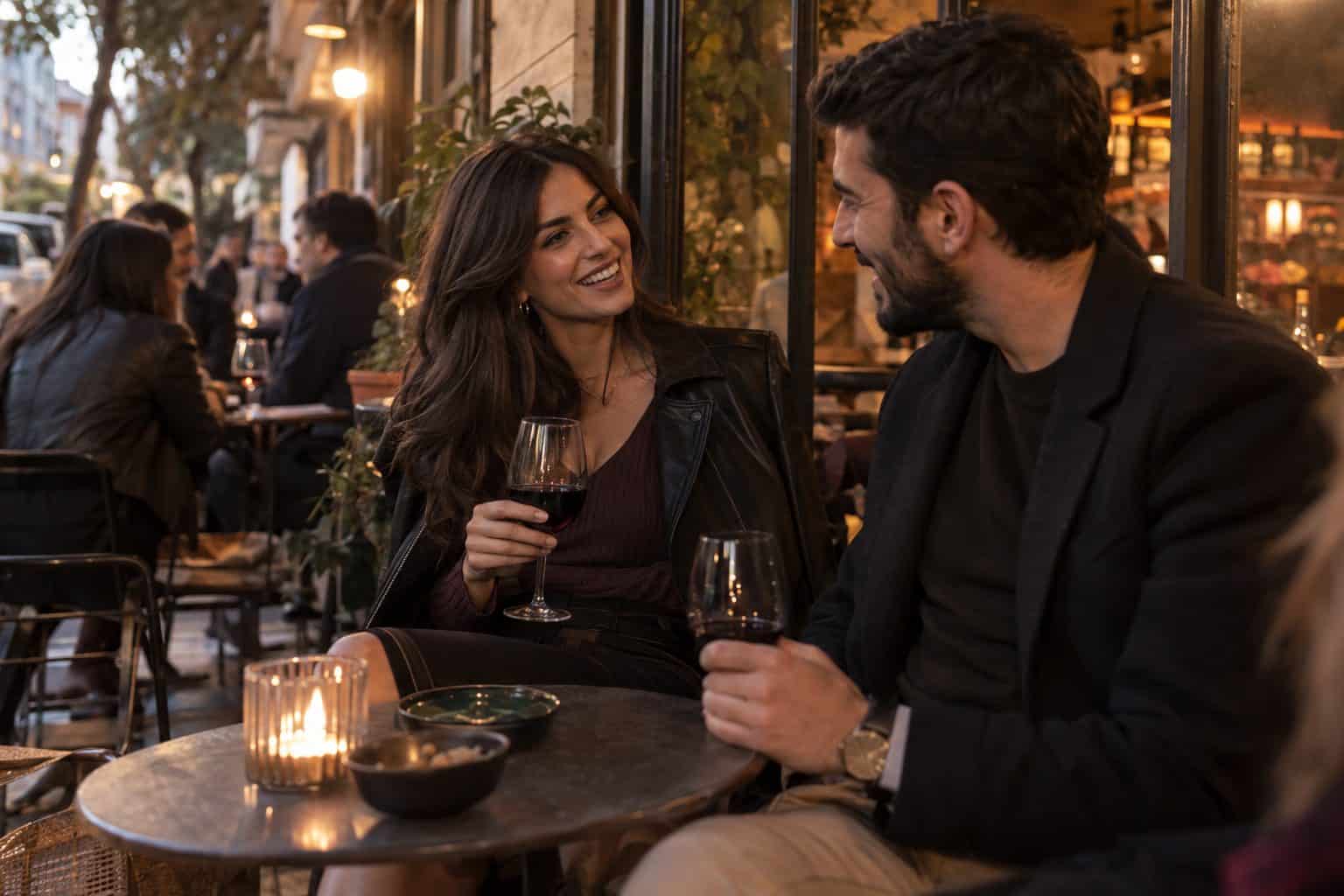 Ελληνίδα στα 30 με φθινοπωρινή εμφάνιση έξω από μπαρ κρασιού στην Κουκάκι, απογευματινό φως, για ραντεβού.