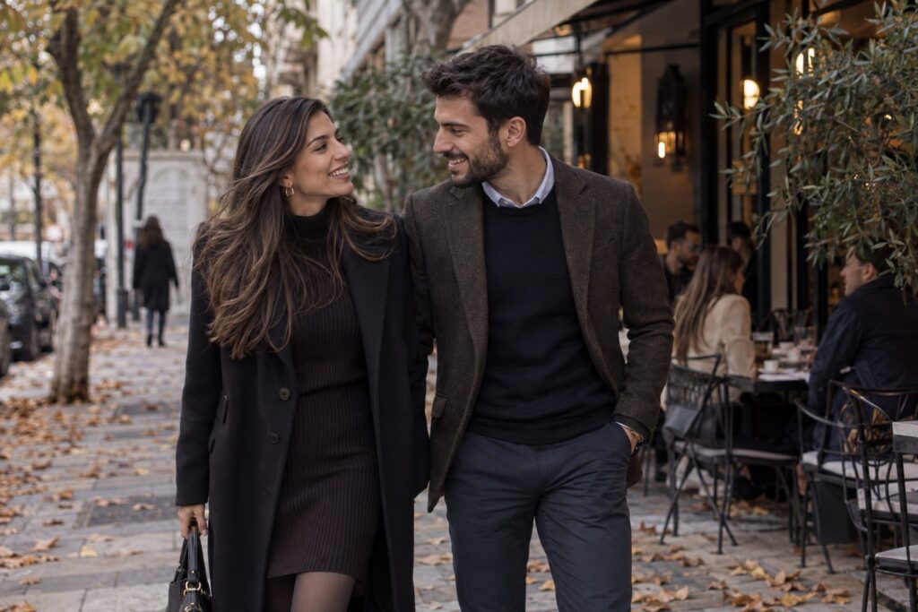 Ζευγάρι σε οδό με δέντρα και πεσμένα φύλλα, ντυμένοι φθινοπωρινά για ραντεβού, πίσω τραπεζάκια καφέ.