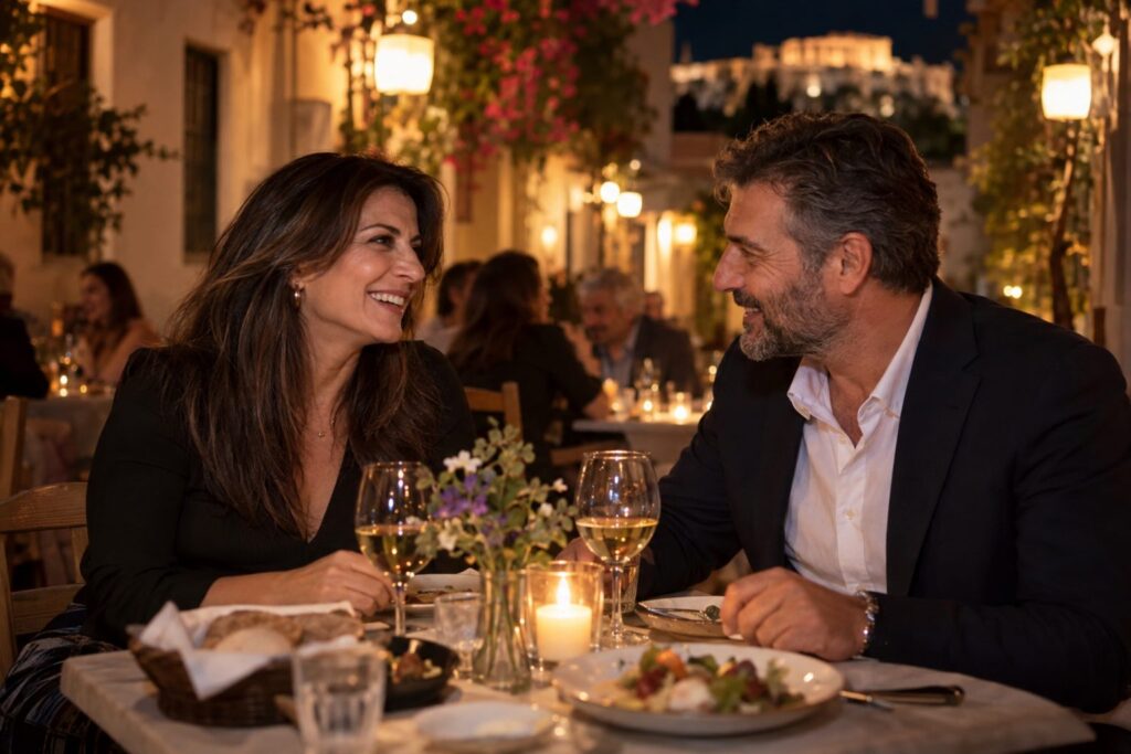 Ζευγάρι Ελλήνων γύρω στα 40 έως 50 σε ταβέρνα στα Πλάκα, φως κεριών, πρώτο ραντεβού μετά το διαζύγιο.