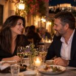 Ζευγάρι Ελλήνων γύρω στα 40 έως 50 σε ταβέρνα στα Πλάκα, φως κεριών, πρώτο ραντεβού μετά το διαζύγιο.