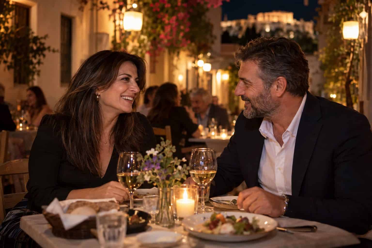 Ζευγάρι Ελλήνων γύρω στα 40 έως 50 σε ταβέρνα στα Πλάκα, φως κεριών, πρώτο ραντεβού μετά το διαζύγιο.