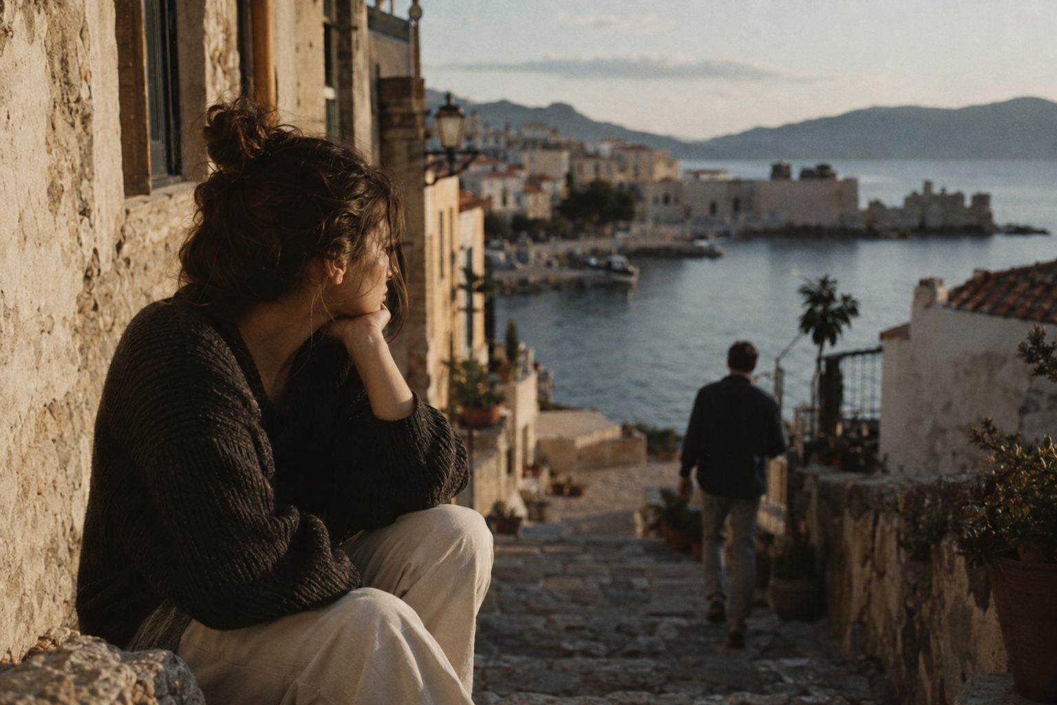 Ζευγάρι βαδίζει σε προκυμαία με θάλασσα και κτίρια, συνδέοντας το ραντεβού με νησί ή πόλη.