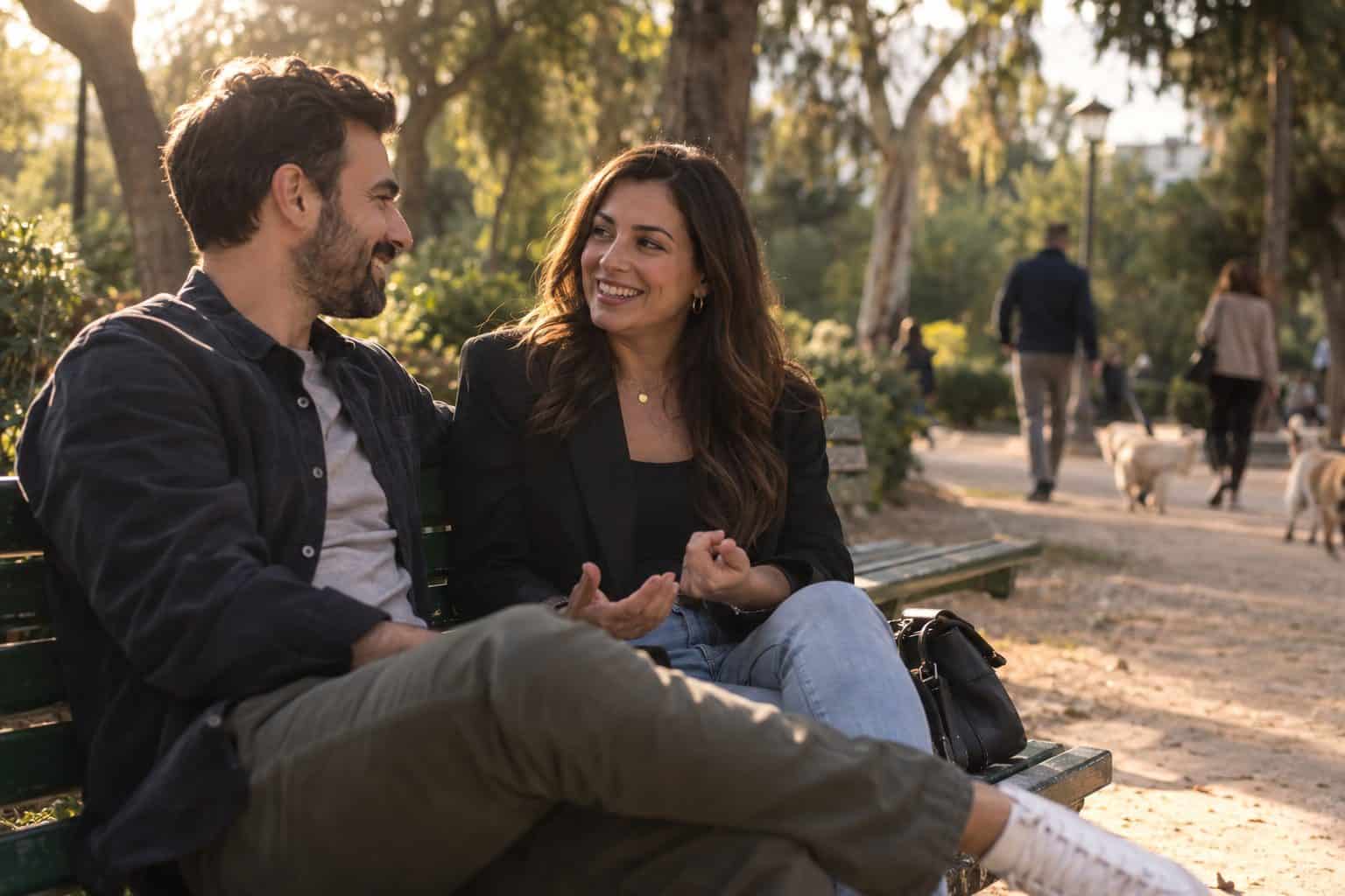 Ζευγάρι σε παγκάκι πάρκου στην Αθήνα, απογευματινός ήλιος, συνομιλούν ήρεμα, συμβολίζοντας κόκκινες γραμμές στη σχέση.