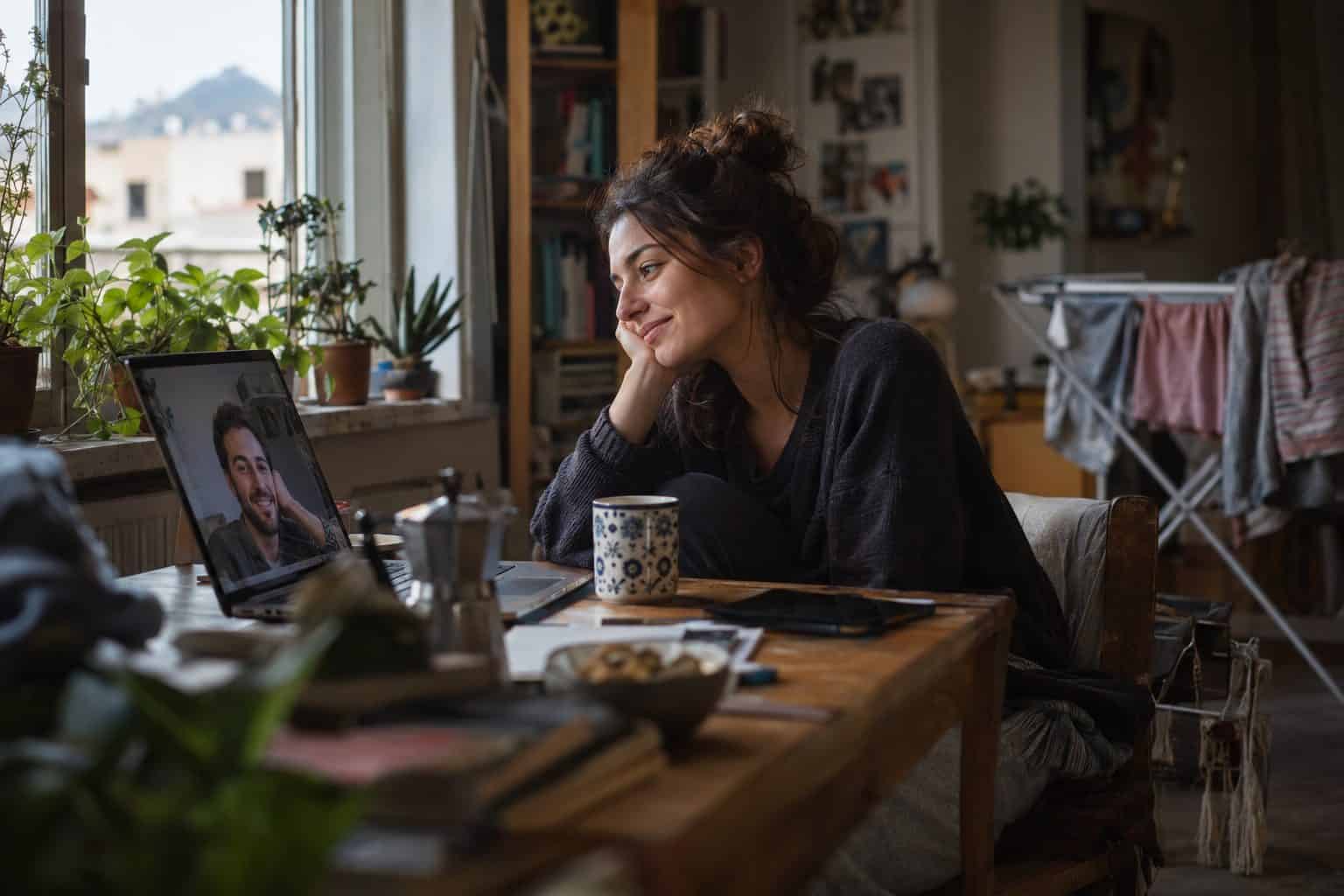 Δύο άτομα σε βιντεοκλήση, κοιτούν οθόνη με σημειώσεις και καφέ, προβάλλοντας οικειότητα από απόσταση.