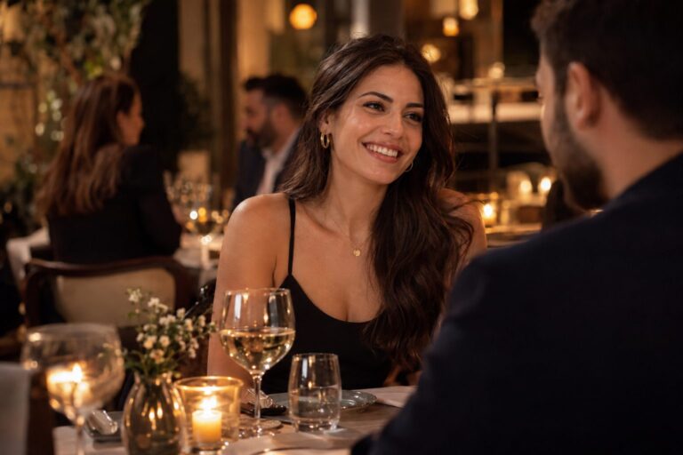 Γυναίκα Ελληνίδα σε τραπέζι εστιατορίου με κεριά, ήπιο μακιγιάζ, ζεστό φως, ατμόσφαιρα πρώτου ραντεβού