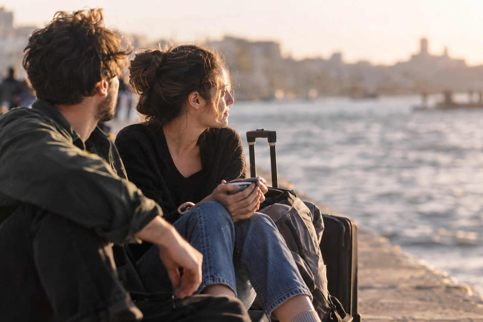 Ζευγάρι με βαλίτσες μπροστά από ένα κτίριο, χάρτες και έγγραφα, συνδέει τη μετακόμιση στο εξωτερικό.
