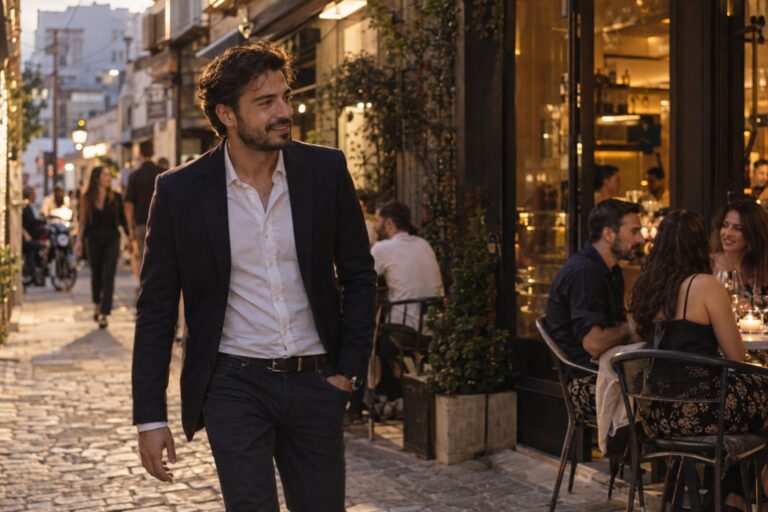Έλληνας άντρας μέσης ηλικίας περπατά προς εστιατόριο στον Ψυρρή το απόγευμα, κομψό ντύσιμο για ραντεβού.