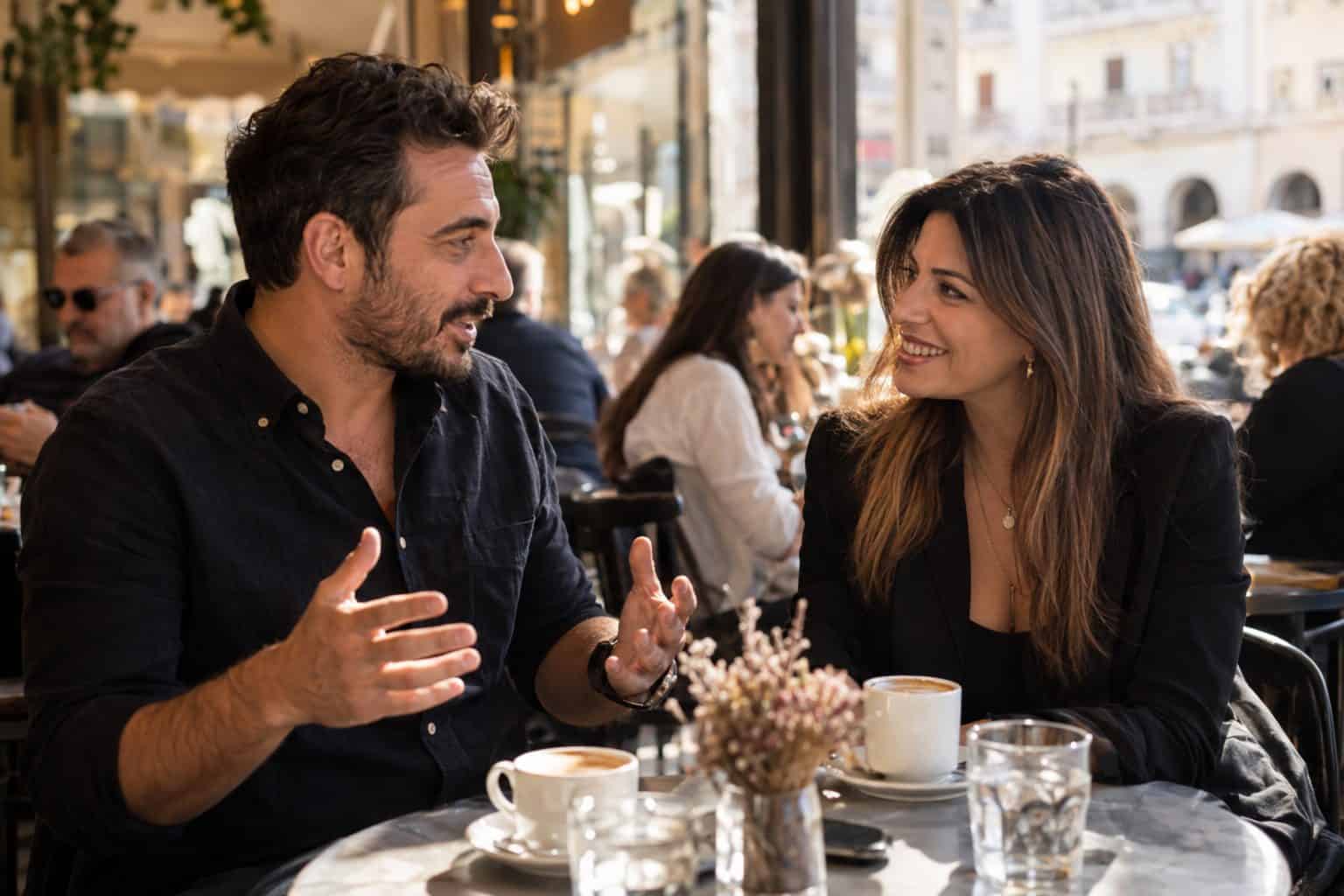 Άντρας με ζωηρές χειρονομίες σε καφέ της Θεσσαλονίκης αφηγείται σε μια χαμογελαστή γυναίκα, συνδέοντας το θέμα ραντεβού για καφέ.