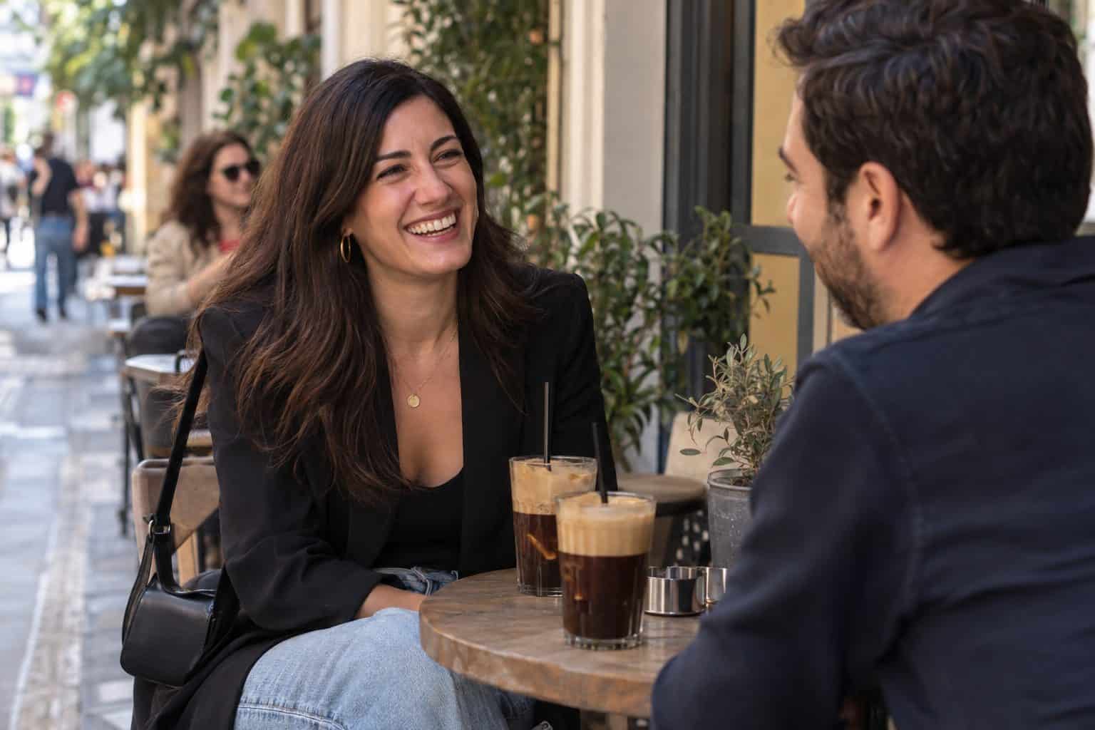 Γυναίκα μέσης ηλικίας γελά απέναντι σε πρώτο καφέ ραντεβού, δύο παγωμένα καφέδες σε εξωτερικό τραπέζι στον πεζόδρομο Κουκάκι.