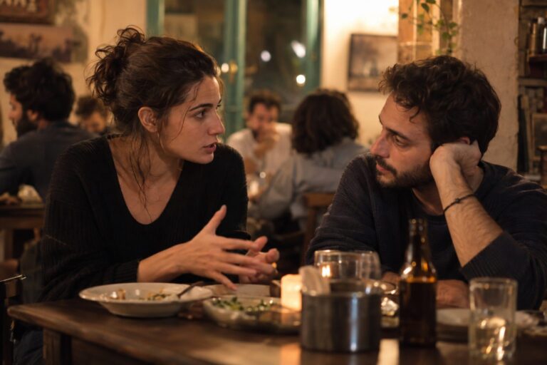 Ζευγάρι κάθεται σε καναπέ, ο ένας μιλά ήρεμα, ο άλλος ακούει προσεκτικά, παράδειγμα οδηγού επικοινωνίας.