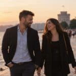 Ζευγάρι σε πρώτο ραντεβού στη Θεσσαλονίκη περπατά στον παραλιακό, γελάει καθώς δύει ο ήλιος, πύργος στο βάθος.