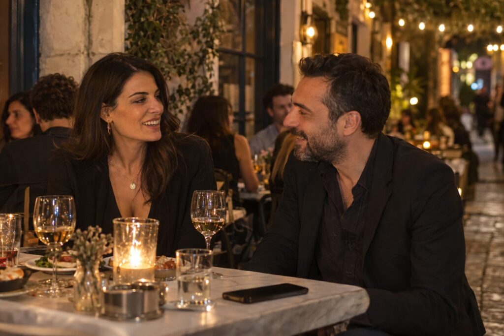 Ζευγάρι σε τραπέζι έξω, δύο ποτήρια κρασί, τηλέφωνο ανάποδο, ζεστό φως· ραντεβού πριν την αποκλειστικότητα.