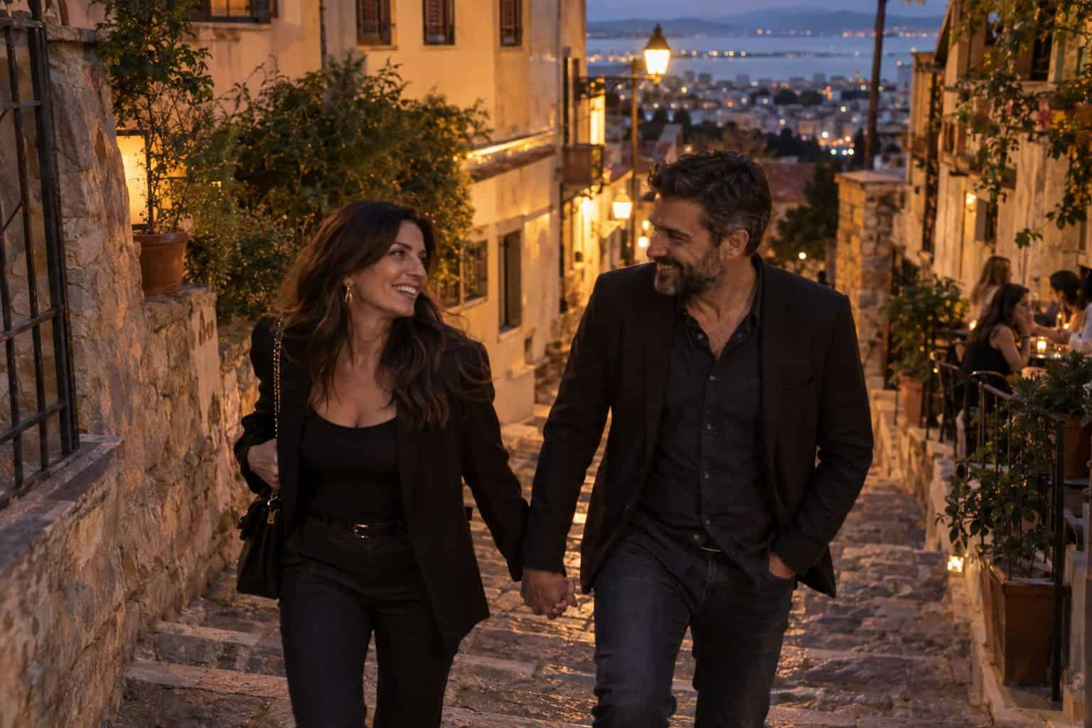 Γυναίκα γύρω στα 40 κρατώντας το χέρι συντρόφου ανεβαίνουν σκαλιά στην Άνω Πόλη Θεσσαλονίκης, ζεστό βραδινό φως, για πρώτο ραντεβού.