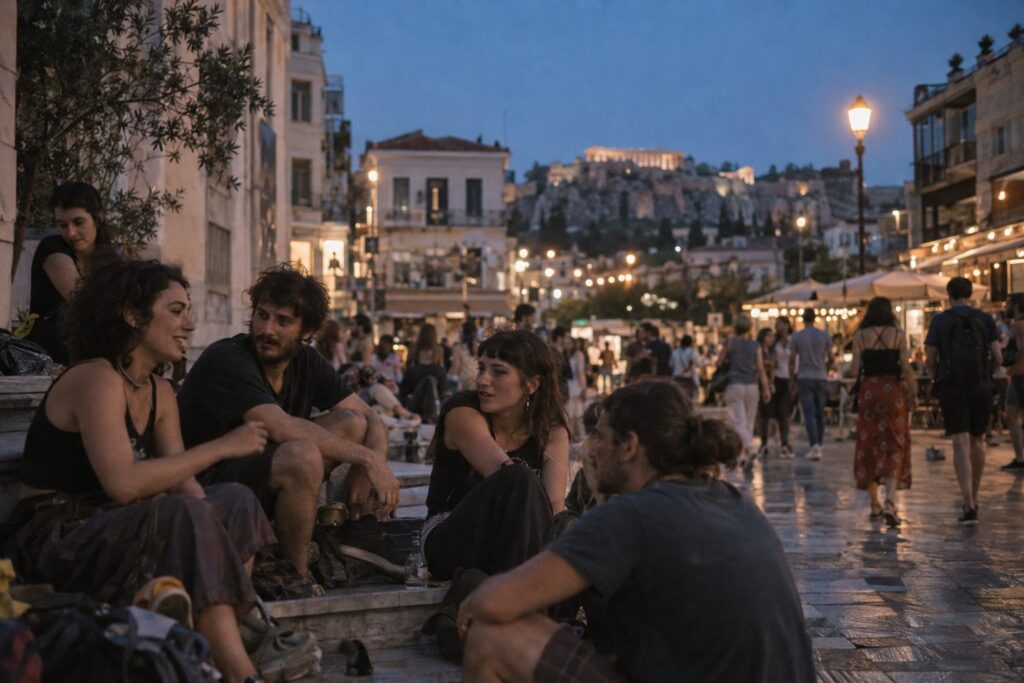 Άτομα σε ανοιχτό χώρο συζητούν γύρω από τραπέζι, συνδέοντας τη σχεσιακή αναρχία με την Ελλάδα 2026.