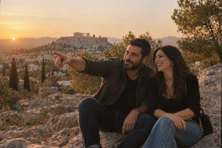 Ζευγάρι σε βράχο του Φιλοπάππου στο ηλιοβασίλεμα, η Ακρόπολη στο βάθος, ο άντρας δείχνει κάτι, η γυναίκα γελά.
