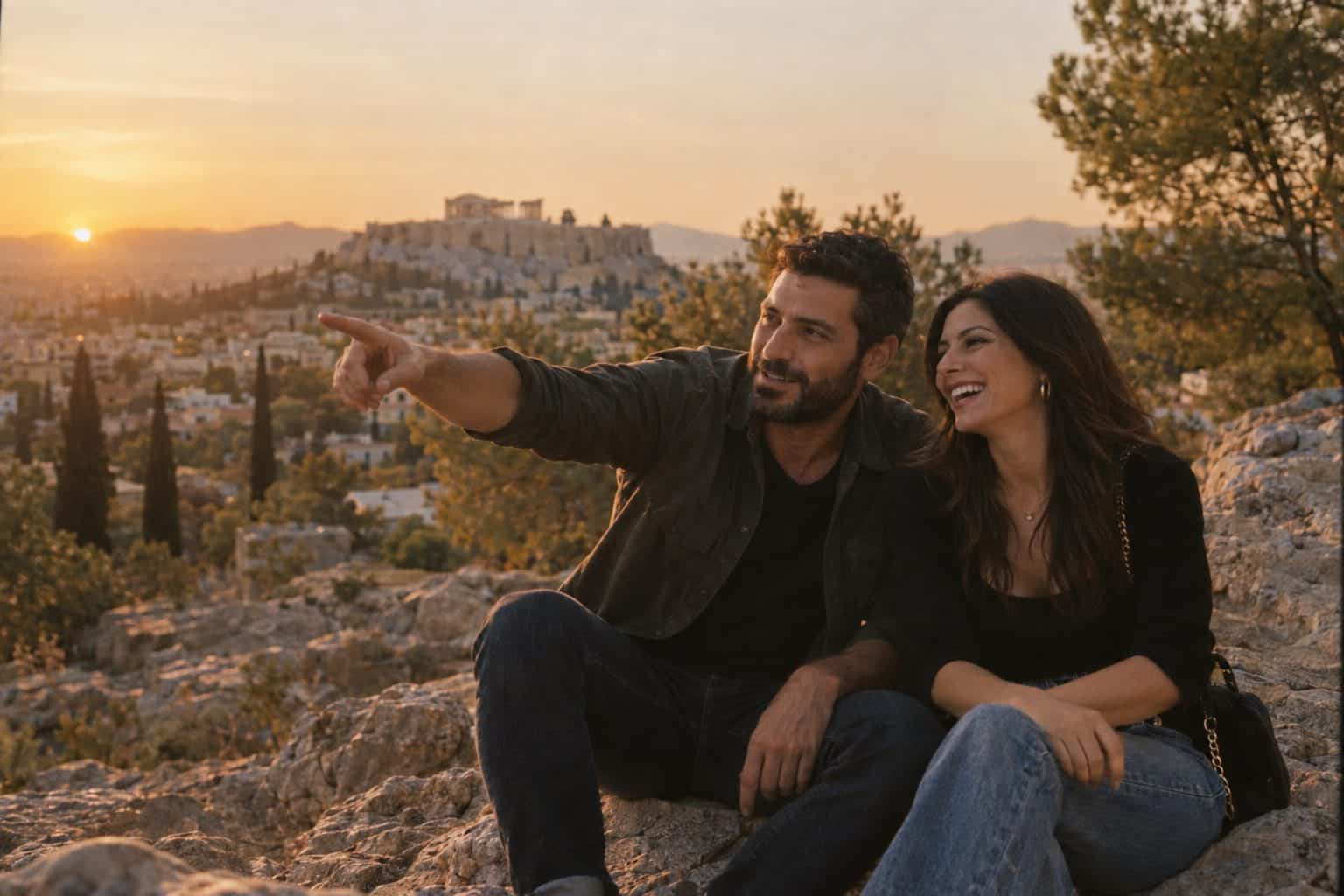 Ζευγάρι σε βράχο του Φιλοπάππου στο ηλιοβασίλεμα, η Ακρόπολη στο βάθος, ο άντρας δείχνει κάτι, η γυναίκα γελά.
