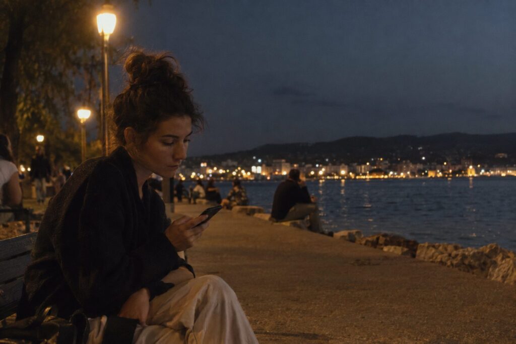 Άτομο σε γραφείο με laptop κοιτάζει οικογενειακή φωτογραφία και σημείωμα για όρια εργασίας.