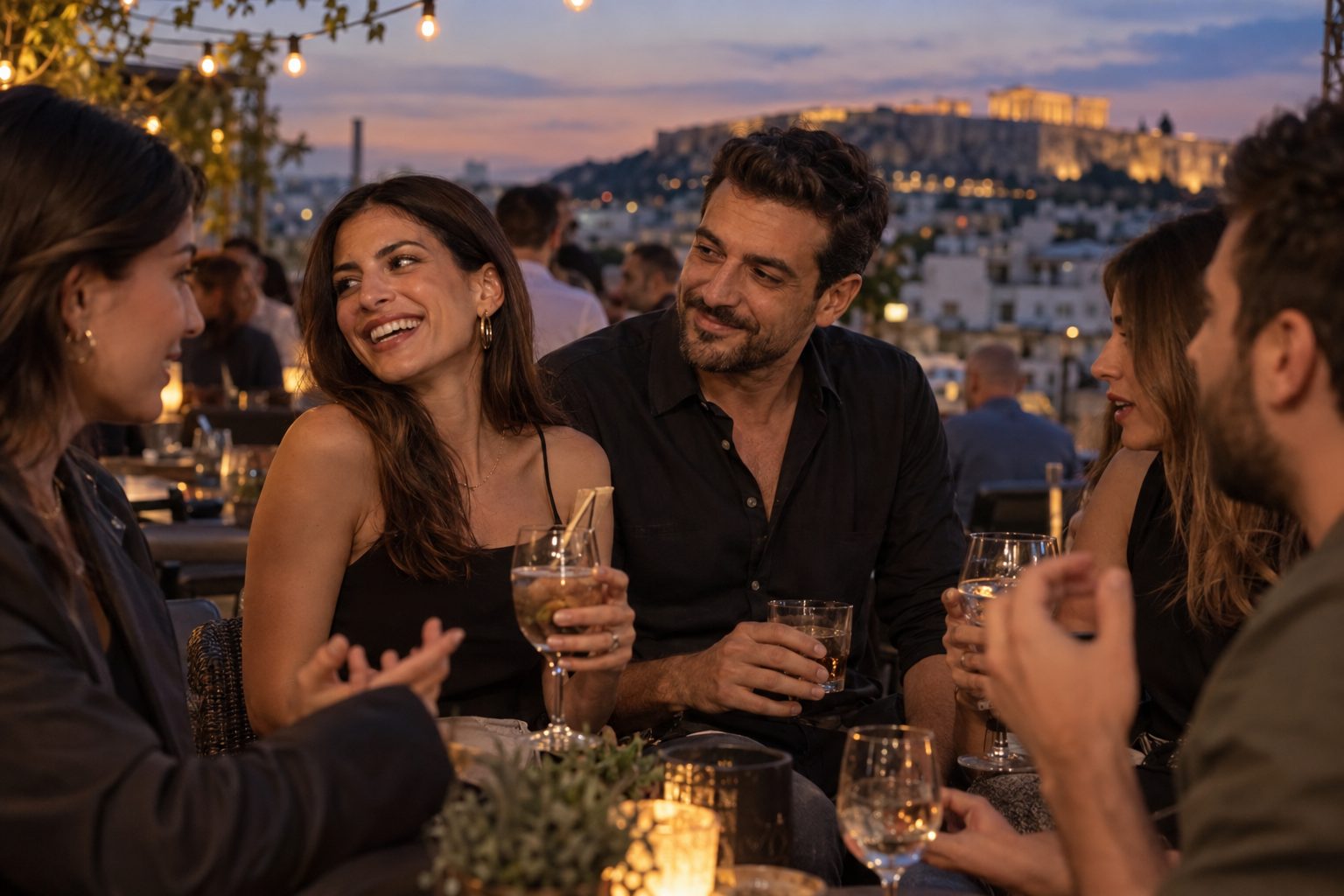 Έλληνας άντρας σε ταράτσα με γιρλάντες φωτισμού κοιτάζει μια γυναίκα και χαμογελά, ενώ φίλοι με ποτά συνομιλούν.