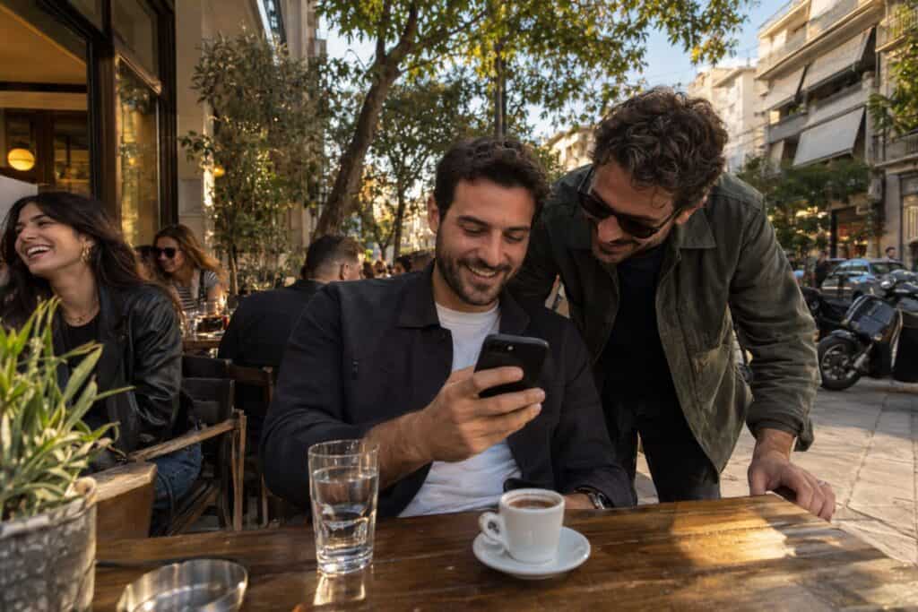 Έλληνας άντρας σε καφενείο της Κυψέλης χαμογελά βλέποντας το τηλέφωνο· φίλος κοντά του το παρατηρεί, σκηνή φλερτ με emoji.