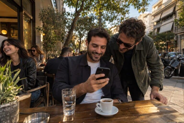 Έλληνας άντρας σε καφενείο της Κυψέλης χαμογελά βλέποντας το τηλέφωνο· φίλος κοντά του το παρατηρεί, σκηνή φλερτ με emoji.