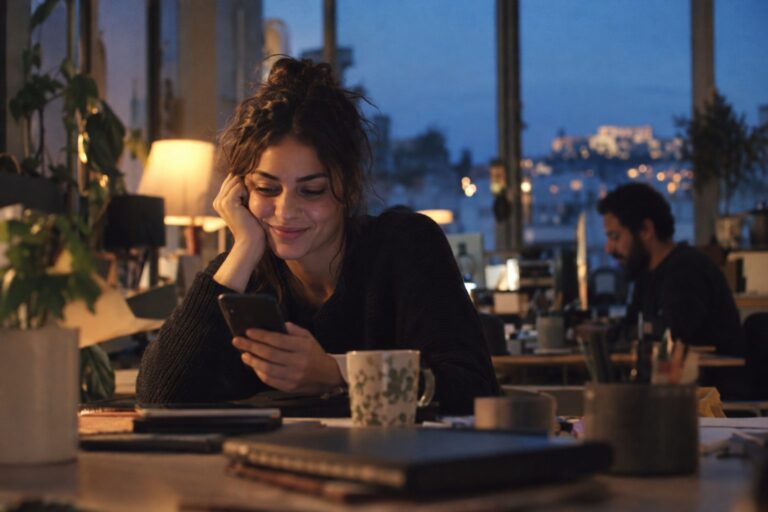 Δύο έξυπνα τηλέφωνα πάνω σε τραπέζι, λίγα μηνύματα και σημειώσεις για αργή γνωριμία με ουσία στις εφαρμογές.