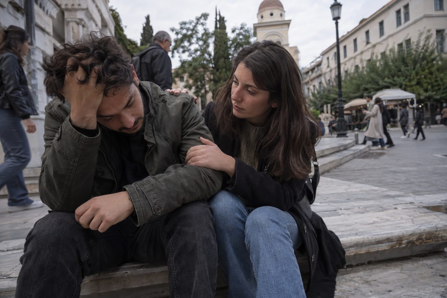 Ζευγάρι κάθεται στον καναπέ, κοιτάζει χαρτιά και κουβεντιάζει για στήριξη μετά την αποτυχία.