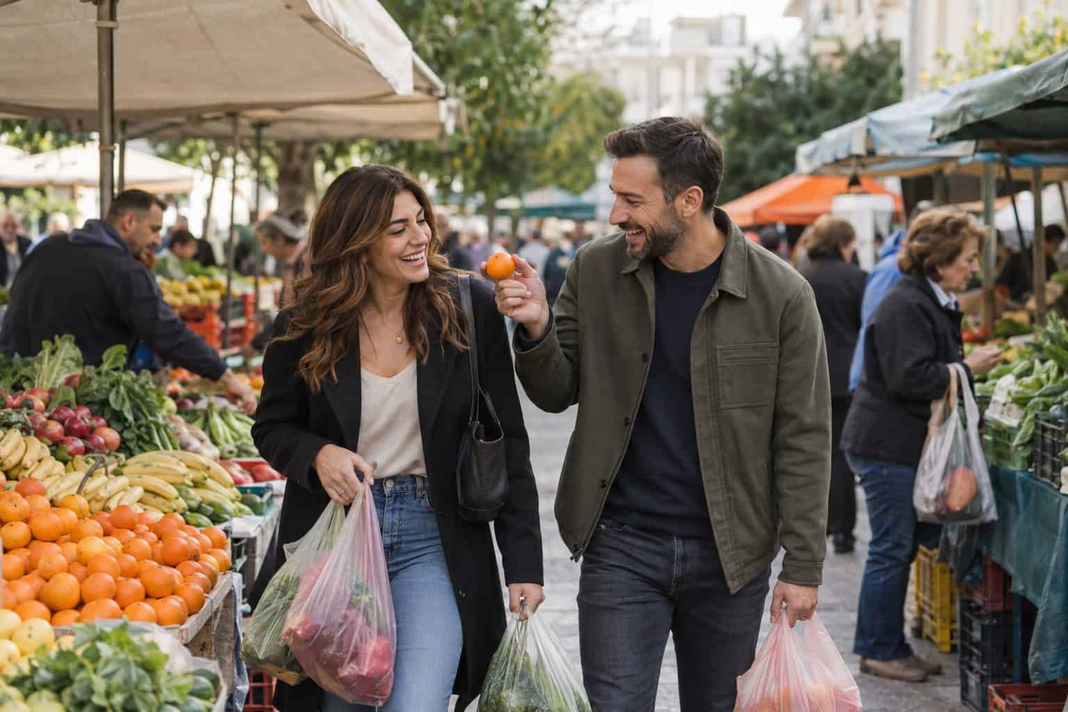Γυναίκα με τσάντες αγορών σε λαϊκή αγορά Αθήνας, ο σύντροφός της προσφέρει φρούτο, γλώσσες αγάπης.