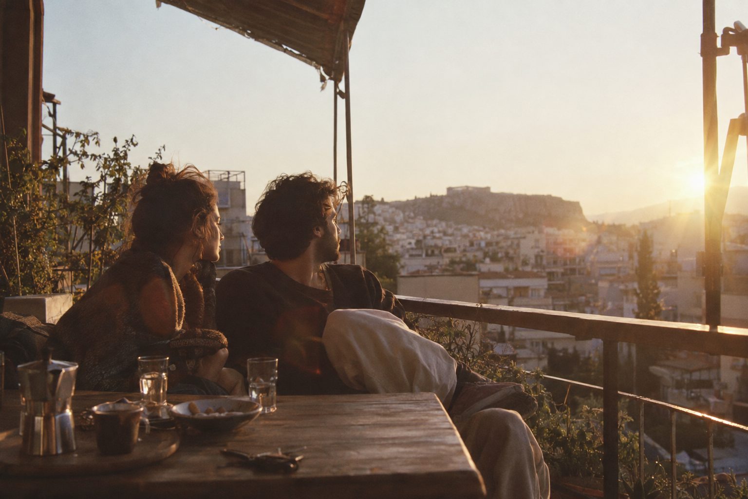 Ζευγάρι σε ήσυχο περιβάλλον, αγκαλιά, τα σύμβολα Παρθένου και Αιγόκερως δίπλα τους μαρτυρούν σταθερή αγάπη.