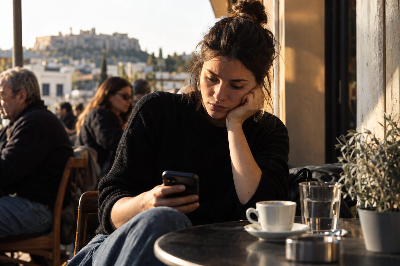 Άτομο κοιτά το κινητό με ανοιχτή εφαρμογή γνωριμιών, μηνύματα και προφίλ φαίνονται, συνδέεται με το θέμα hard to get.
