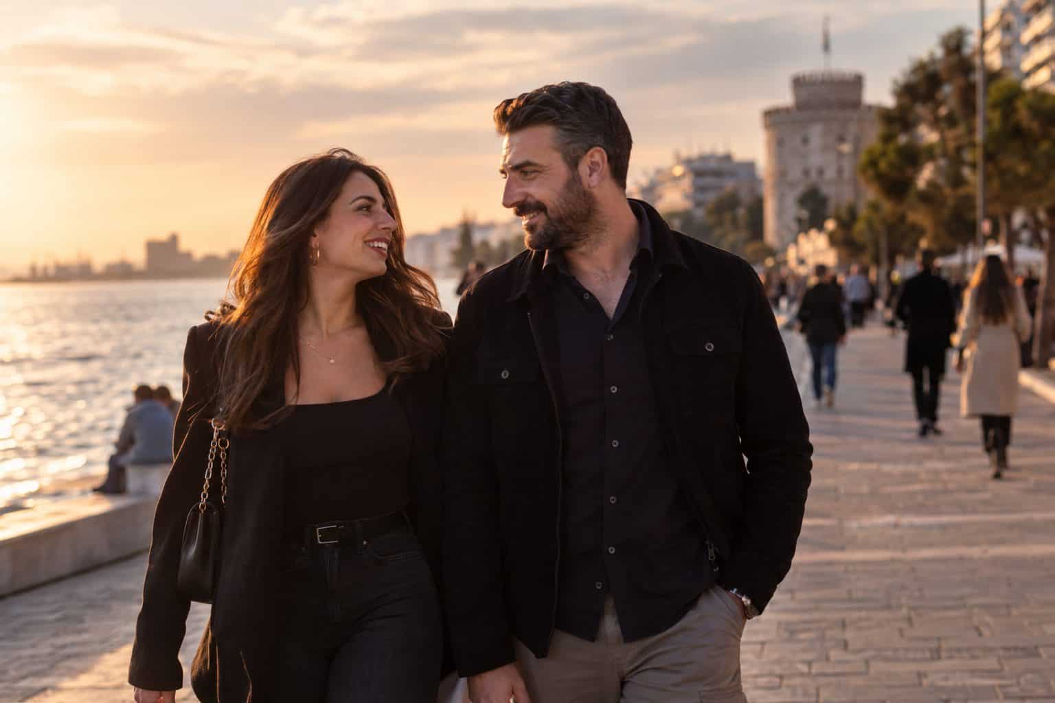 Ζευγάρι Ελλήνων στα 30s βαδίζει στην προκυμαία Νέας Παραλίας Θεσσαλονίκης υπό χρυσό ήλιο, συνδέοντας τη στιγμή με δέσμευση.