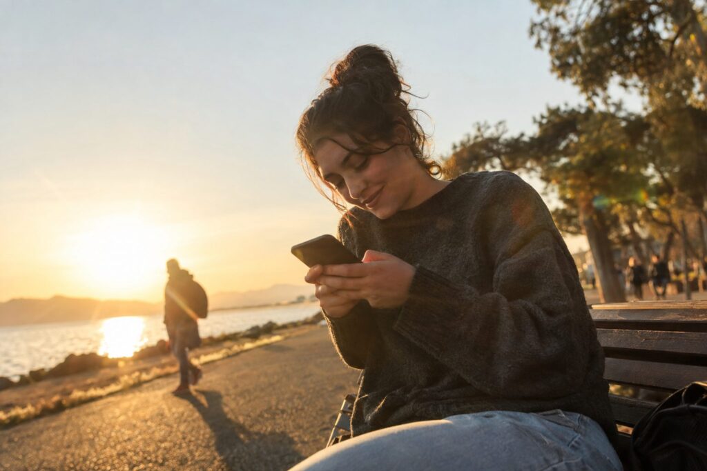 Άτομο κρατά κινητό, οθόνη με μηνύματα dating, γύρω του ζωδιακά σύμβολα που συνδέονται με το άρθρο.